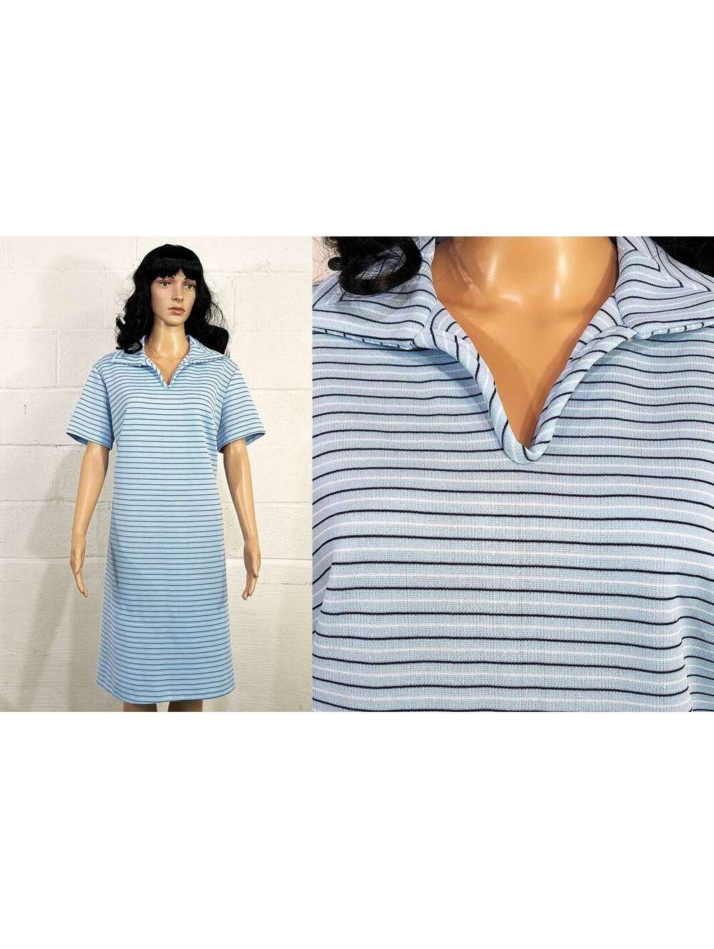 Vintage Striped Blue Dress V Neck Short Sleeve Shift 1970s Large XL